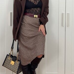 VTG Banana Republic Italy Wool Silk Tweed Midi Skirt Sz 0 Brown Old Money